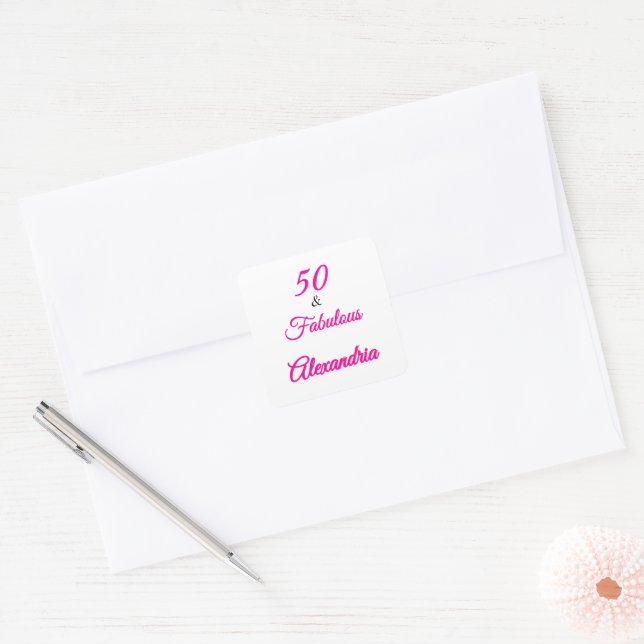 Pink Black 50 & Fabulous 50th  Birthday  Quadratischer Aufkleber (Umschlag)