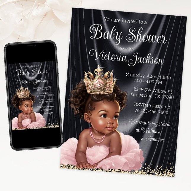 Pink Black African Princess Baby Dusche Einladung (African princess pink and gold tutu and crown. Instant download and print.)