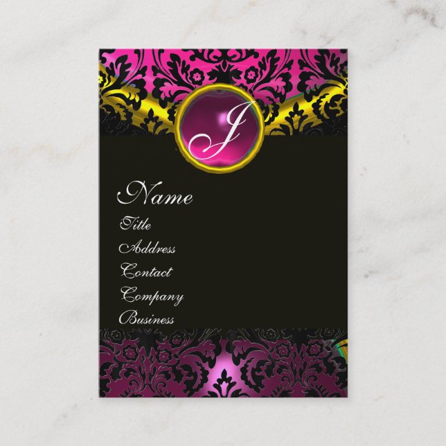 PINK BLACK AMETHYST DAMASK MONOGRAMM, Fuchsia Gold Visitenkarte (Vorderseite)