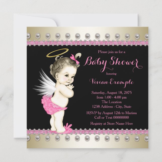 Pink Black and Gold Engel Baby Dusche Einladung (Vorderseite)