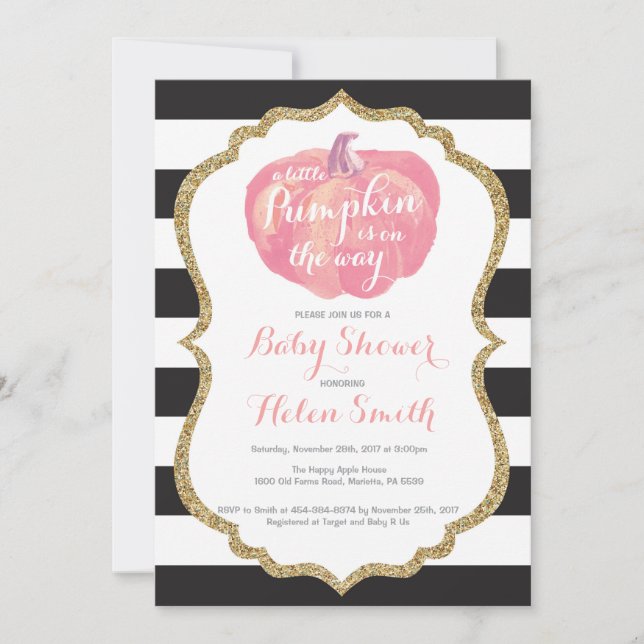 Pink Black and Gold Pumpkin Girl Baby Dusche Einladung (Vorderseite)