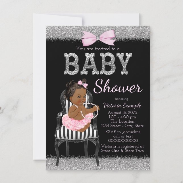 Pink Black and Silver Ethnic Girl Baby Dusche Einladung (Vorderseite)