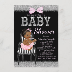 Pink Black and Silver Ethnic Girl Baby Dusche Einladung