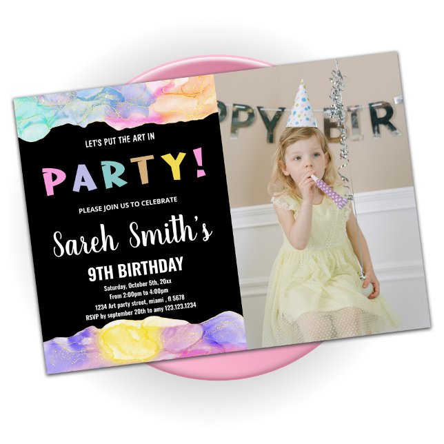 Pink Black Art in Party Paint Birthday Mit Foto Einladung (Von Creator hochgeladen)