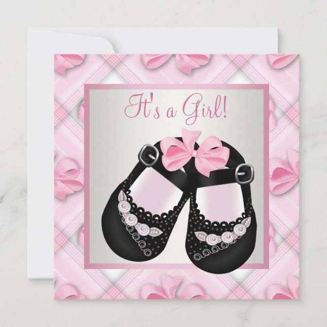 Pink Black Baby Shoes Pink Black Baby Girl Dusche Einladung (Vorderseite)