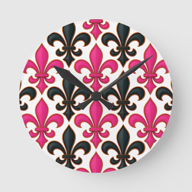 Pink Black Baroque Fleur-de-lis Pattern Design  Runde Wanduhr (Vorderseite)