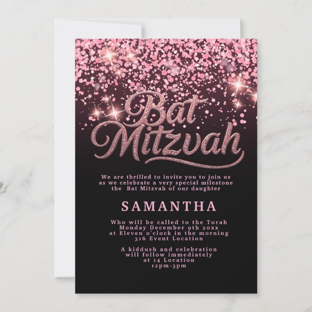 Pink & Black Bat Mitzvah Invitation Einladung (Vorderseite)