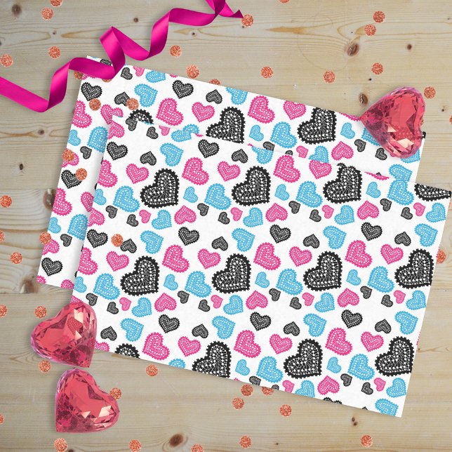 Pink Black Blue Lace Hört auf dem weißen Valentins Seidenpapier (Von Creator hochgeladen)