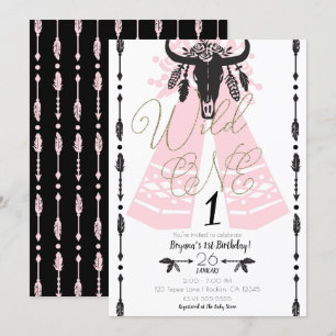 Pink & Black Boho Chic Wild ONE 1. Geburtstagsfeie Einladung