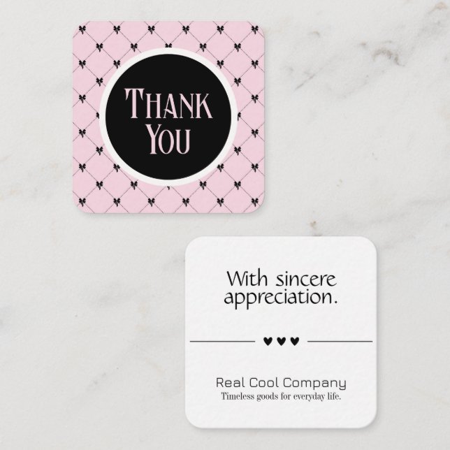 Pink & Black Bow Monogram Thank You Card Begleitkarte (Vorne/Hinten)
