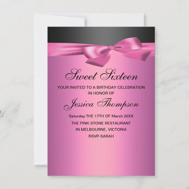 Pink & Black Bow Sweet 16 Anniversaire Invitation (Devant)