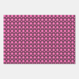 Pink Black Buffalo Heart Plaid Geschenkpapier Set