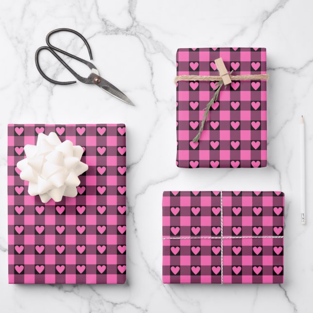 Pink Black Buffalo Heart Plaid Geschenkpapier Set (Vorderseite)