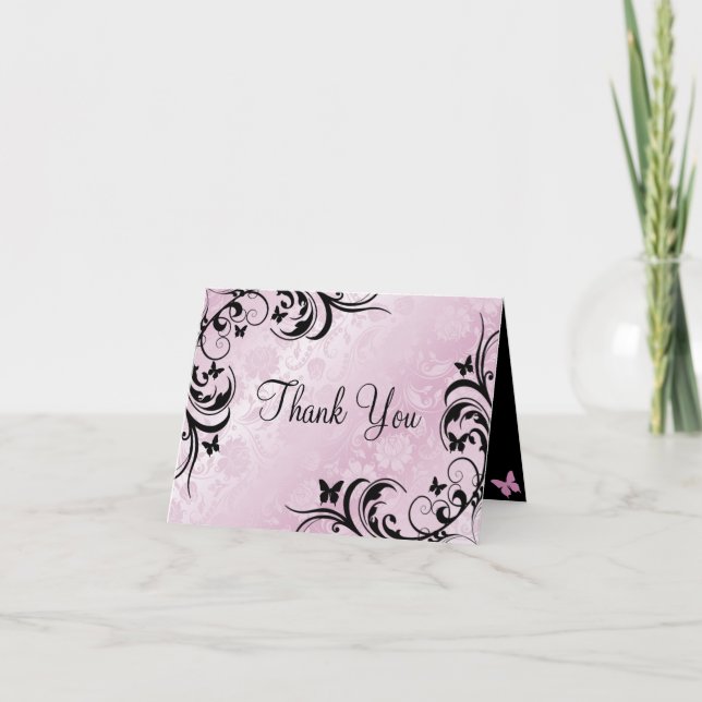Pink & Black Butterfly & Blume Danke Karte (Vorderseite)
