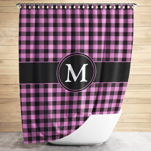 Pink & Black Checked Pattern Monogram Personalize Duschvorhang