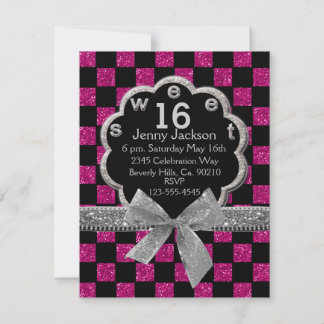 Pink & Black Checkerboard Glitzer Sweet 16 Einladung