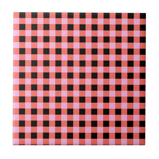 Pink Black Checkered Gingham Pattern Fliese (Vorderseite)