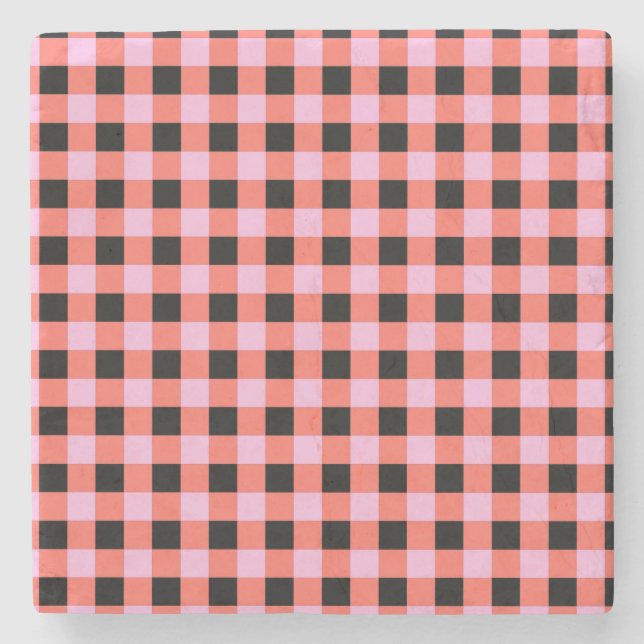 Pink Black Checkered Gingham Pattern Steinuntersetzer (Vorderseite)