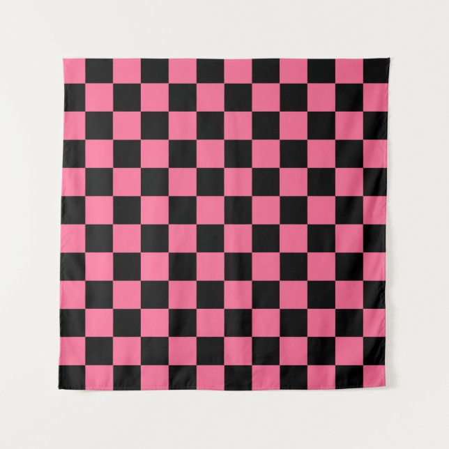 Pink Black Checkered Karo Pattern Wandteppich (Vorderseite)