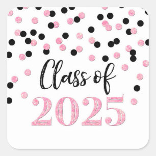 Pink Black Confetti Abschluss 2025 Quadratischer Aufkleber