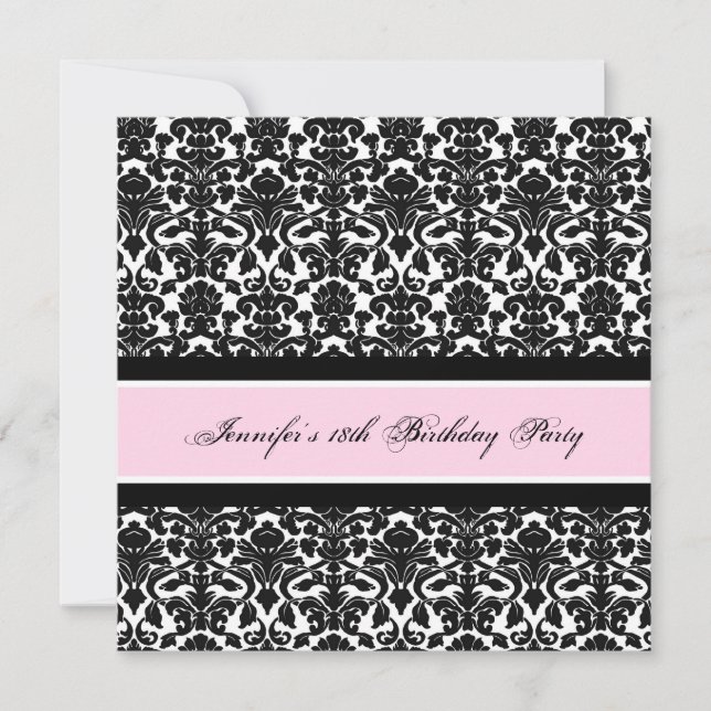 Pink Black Damask 18. Geburtstagsparty Einladungen (Vorderseite)