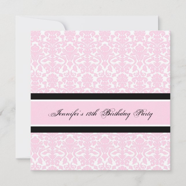 Pink Black Damask 18. Geburtstagsparty Einladungen (Vorderseite)