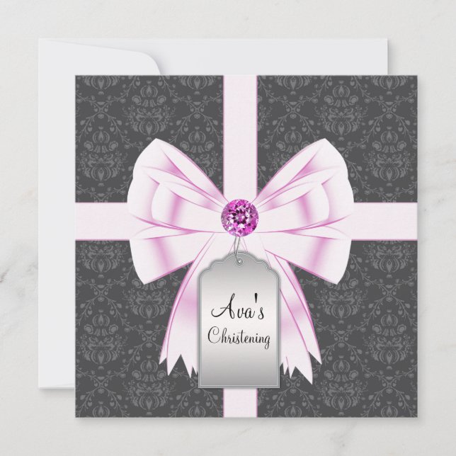 Pink Black Damask Baby Christening Invitations (Devant)