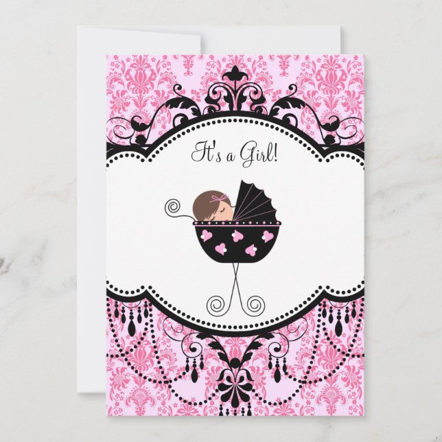 Pink Black Damask Baby Girl Douche Invitations (Devant)