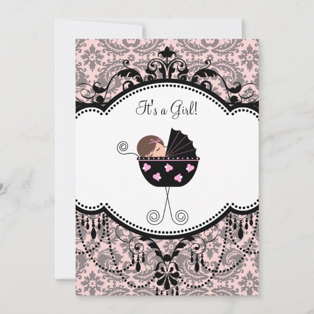 Pink Black Damask Baby Girl Douche Invitations (Devant)