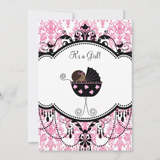 Pink Black Damask Baby Girl Dusche Einladung (Vorderseite)