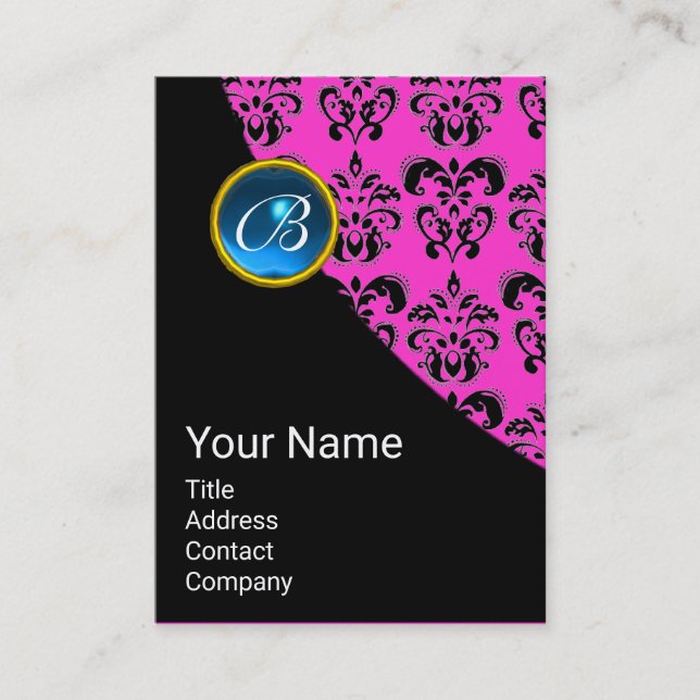 PINK BLACK DAMASK BLUE SAPPHIRE GEMSTONE MONOGRAMM VISITENKARTE (Vorderseite)