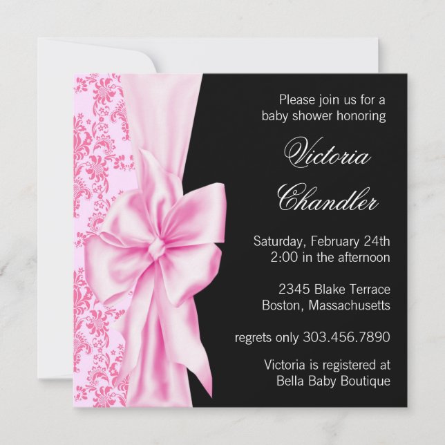 Pink Black Damask Bow Elegant Baby Girl Dusche Einladung (Vorderseite)