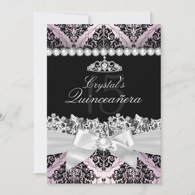 Pink Black Damask Bow Quinceanera Einladung (Vorderseite)