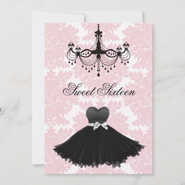 Pink Black Damask Chandelier 16 . Geburtstag Birth Einladung (Vorderseite)