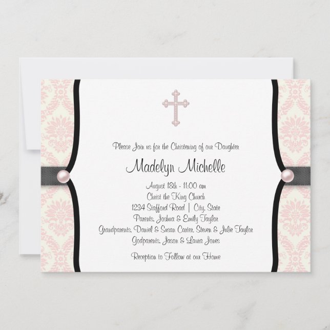 Pink Black Damask Christening Einladung (Vorderseite)
