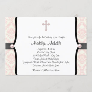Pink Black Damask Christening Einladung