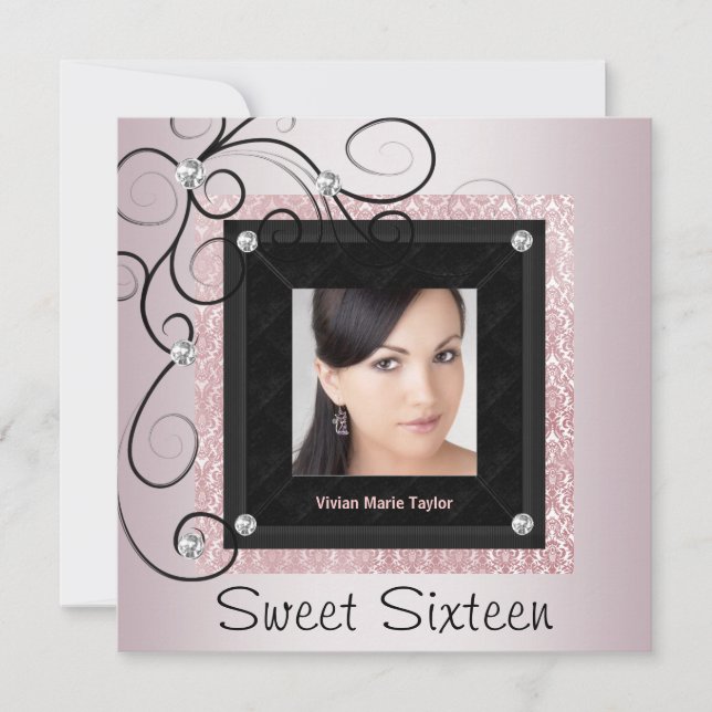 Pink Black Damask Foto Sweet 16 Party Einladung (Vorderseite)