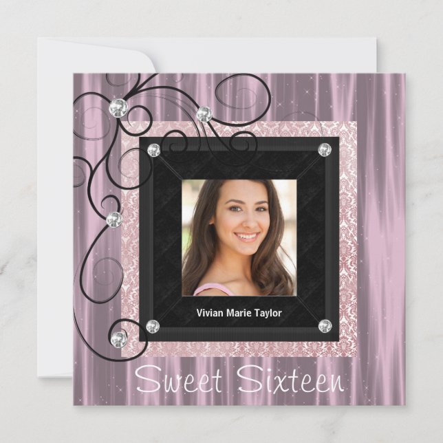 Pink Black Damask Foto Sweet 16 Party Einladung (Vorderseite)
