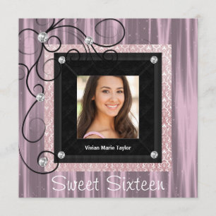 Pink Black Damask Foto Sweet 16 Party Einladung