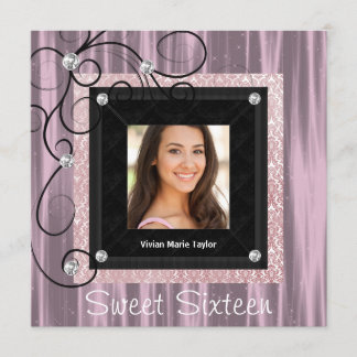 Pink Black Damask Foto Sweet 16 Party Einladung