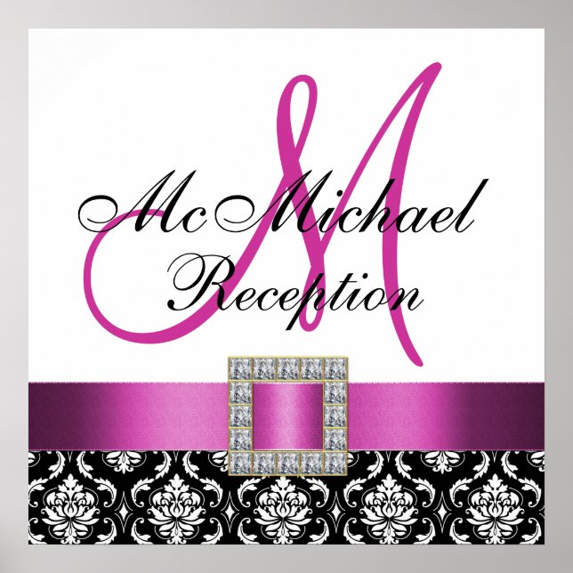 Pink Black Damask Hochzeitszeichen Empfang Poster (Vorne)