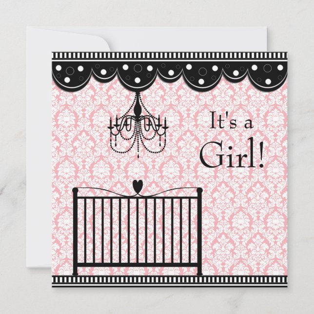 Pink Black Damask Krippe Kronleuchter Baby Dusche Einladung (Vorderseite)