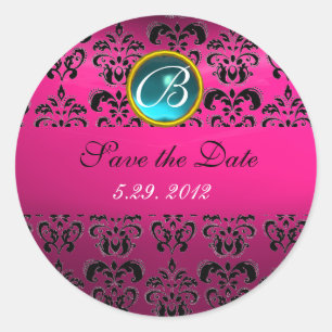 PINK BLACK DAMASK MONOGRAM , blaue Turquase, Fuchs Runder Aufkleber