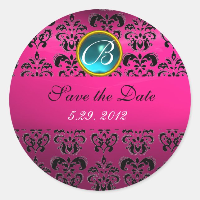 PINK BLACK DAMASK MONOGRAM , blaue Turquase, Fuchs Runder Aufkleber (Vorderseite)
