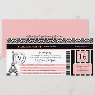 Pink Black Damask Paris Geburtstag Boarding Pass Einladung