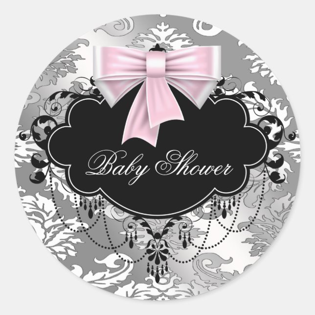 Pink Black Damask Pink Black Baby Shockaufkleber Runder Aufkleber (Vorderseite)
