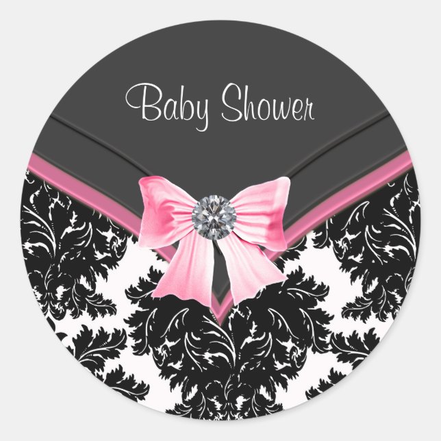 Pink Black Damask Pink Black Baby Shockaufkleber Runder Aufkleber (Vorderseite)