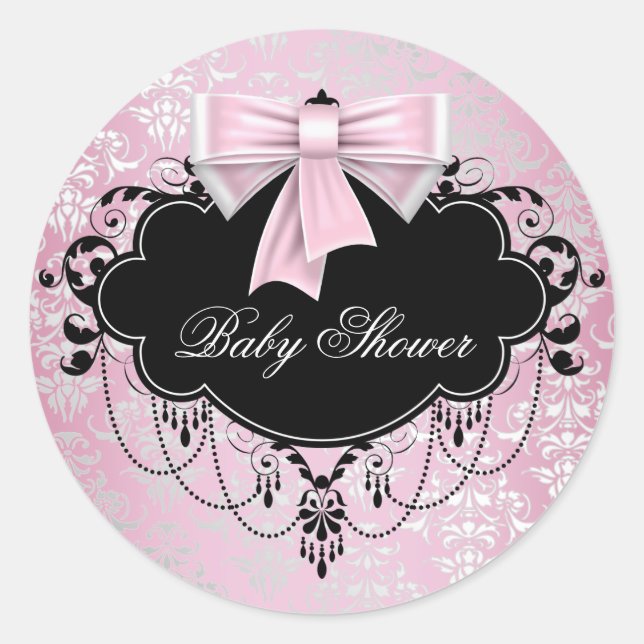 Pink Black Damask Pink Black Baby Shockaufkleber Runder Aufkleber (Vorderseite)