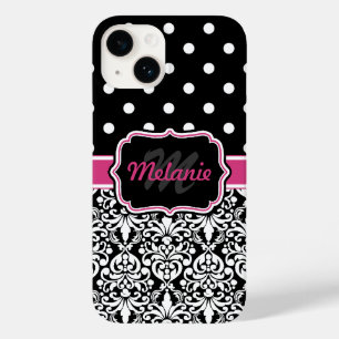 Pink Black Damask Polka Dots Muster Monogramm Case-Mate iPhone 14 Hülle