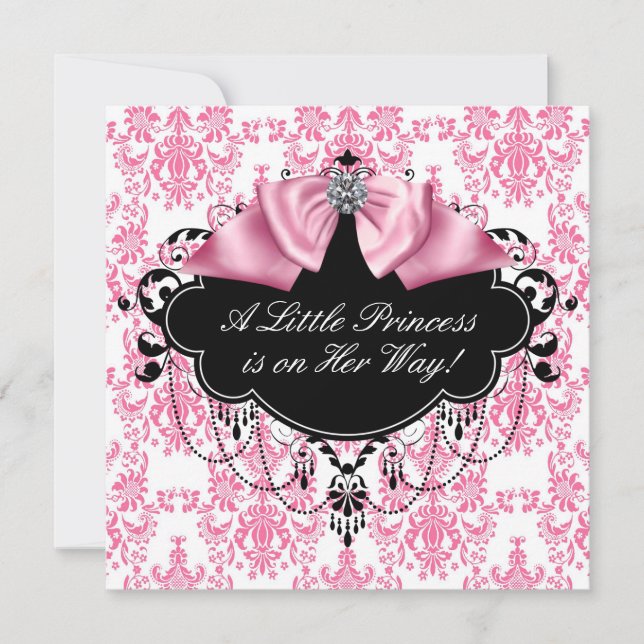 Pink Black Damask Princess Baby Dusche Einladung (Vorderseite)